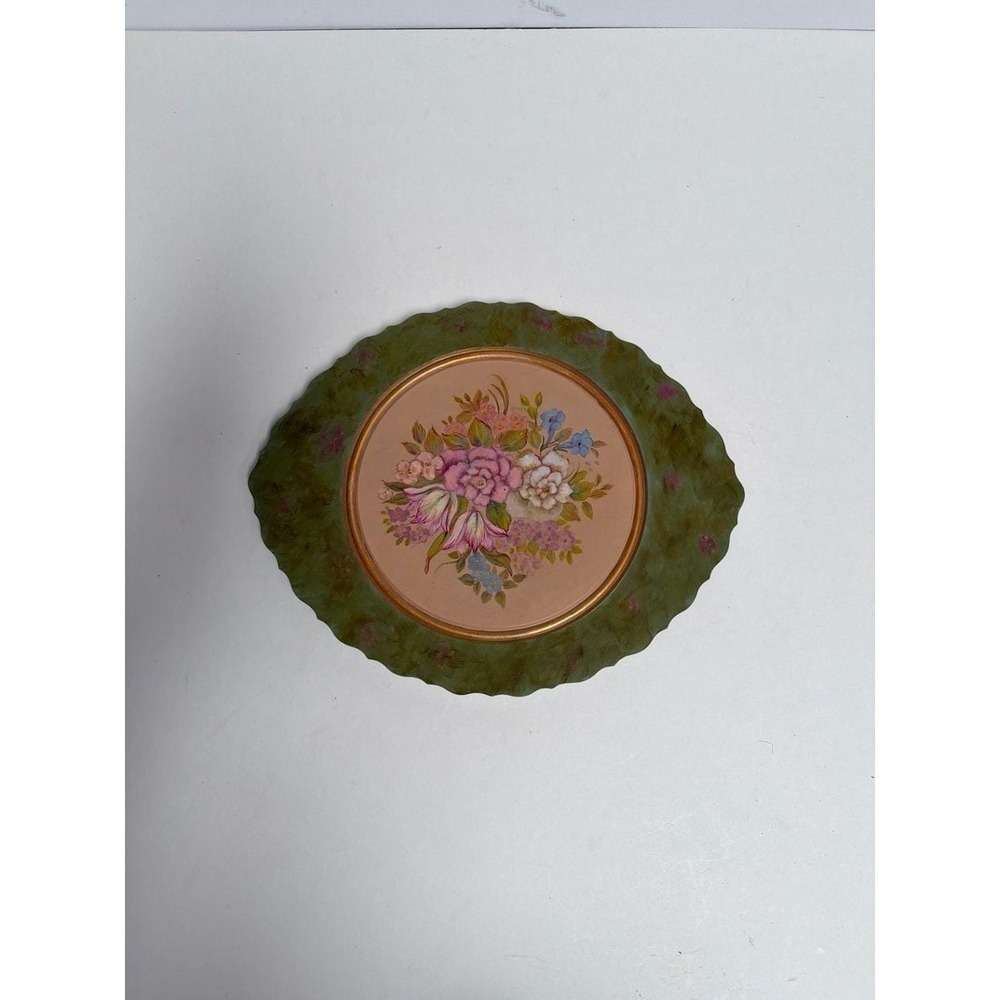 Vintage Hand Painted Floral Toleware wood plate Signed Lorelle